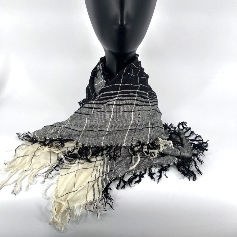 Plaid Fringed Square Fashion Scarf Wrap Black & White Boho Layering Accessory‎